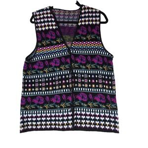 Vintage 90s Colorful Boho Pink Purple Floral Knit Festival Sweater vest Size M/L